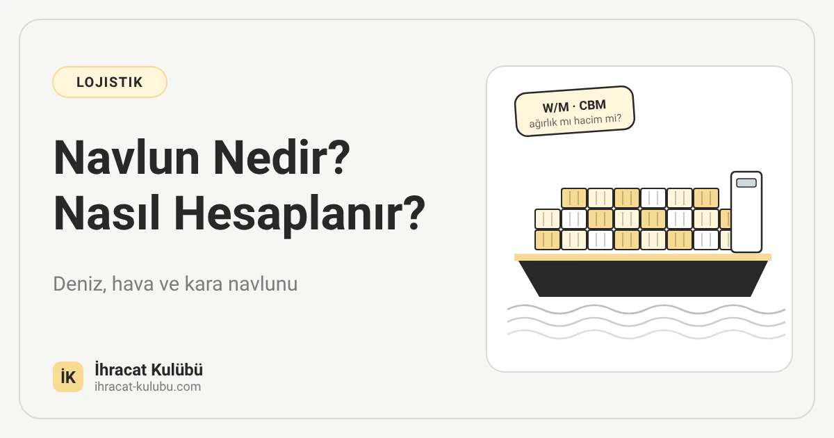 Navlun nedir ve nasıl hesaplanır: konteyner yüklü gemi ve W/M, CBM etiketi çizimi, İhracat Kulübü blog kapağı